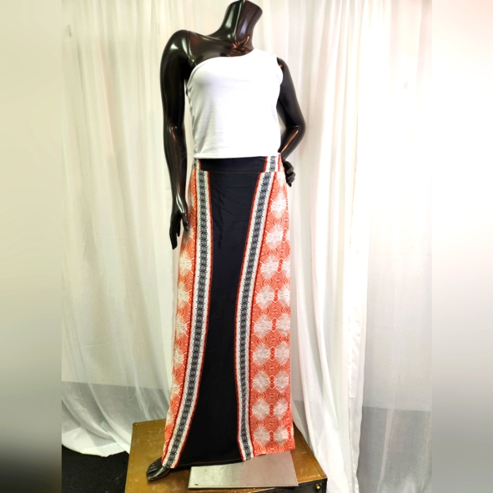 100% Silk Black and Orange Women's Skirt W/Side Slit -New W/ Tags